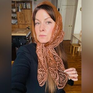 **SOLD** Rose patterned brown/ tan lace and sheer head scarf or shawl